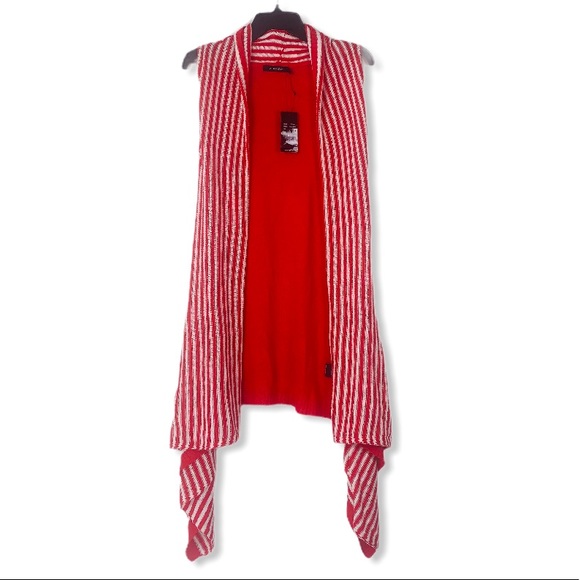 VertiGo striped sleeveless red white striped duster draped tunic cardigan - Picture 3 of 10